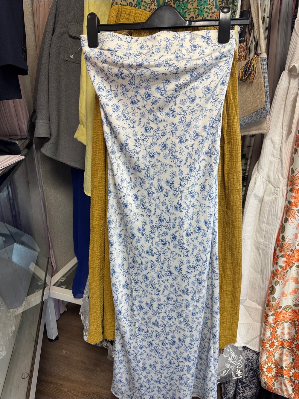 House of Harlow 1960 White Maxi Dress with Blue Floral Motif